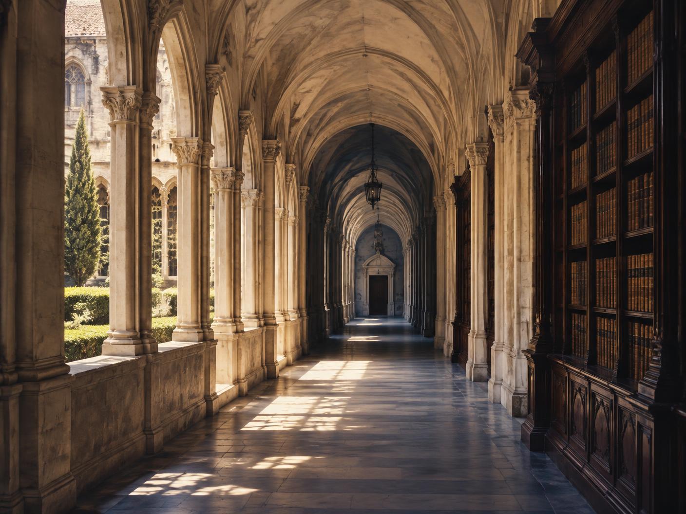 Historic cloister corridor with arches and library shelves