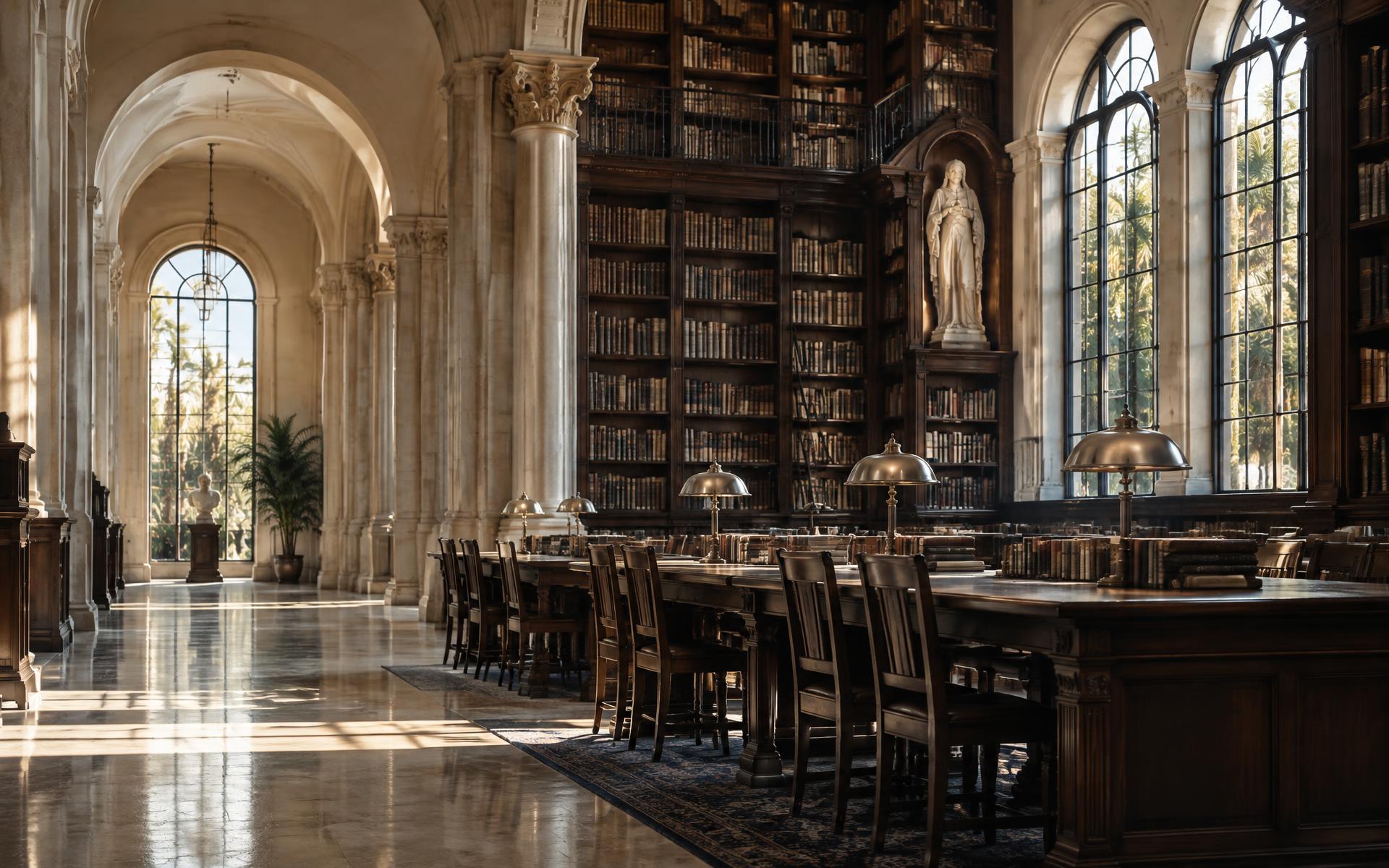 Historic academic library with arched windows and reading tables